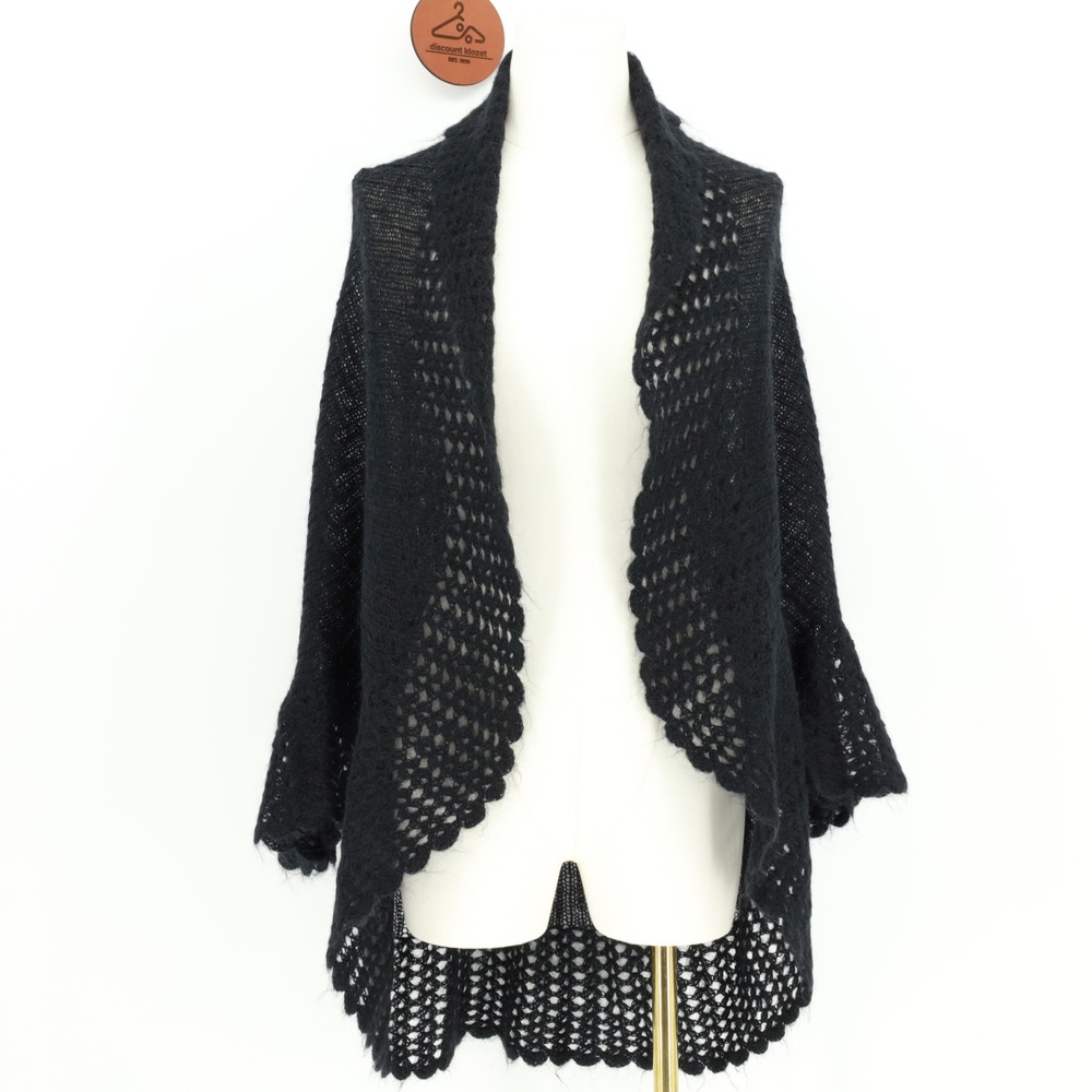 Moda International Black Mohair Wool Blend Crochet Open Front Cardigan XS/S